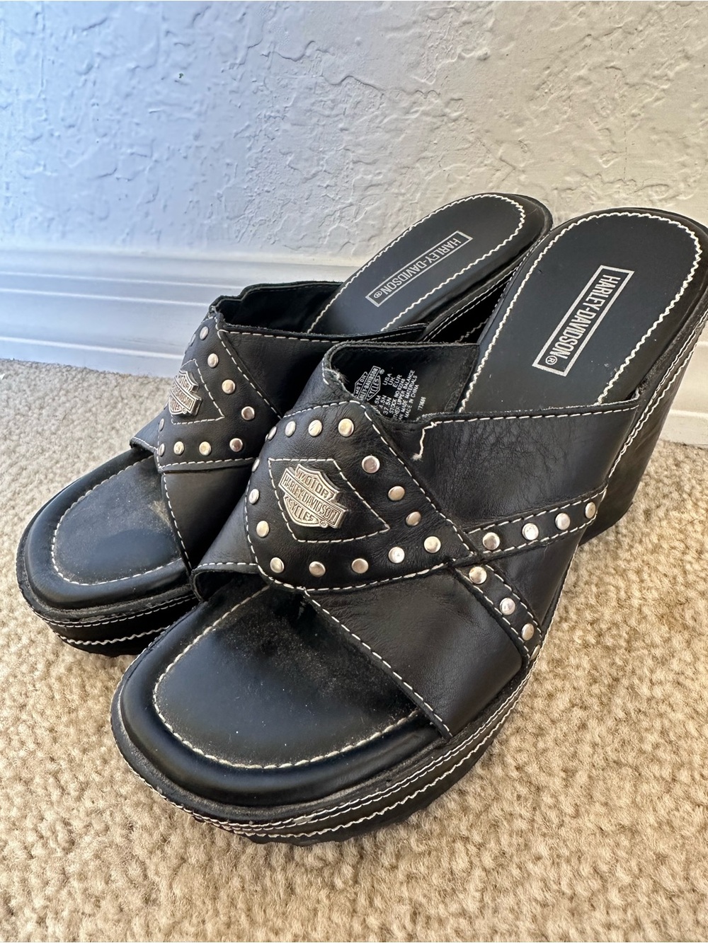 Harley-Davidson Y2K Chunky Black Studded Wedge Heel Women’s Sandals